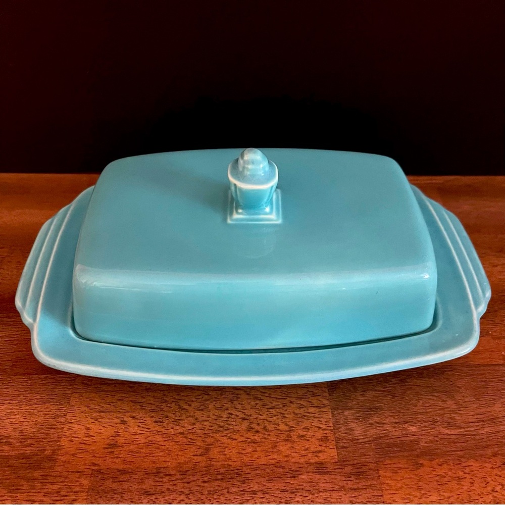 Homer Laughlin Harlequin Turquoise Half Pound Butter Dish  Rare Vintage